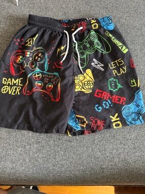 Kids Black Gamer Print Swim Shorts